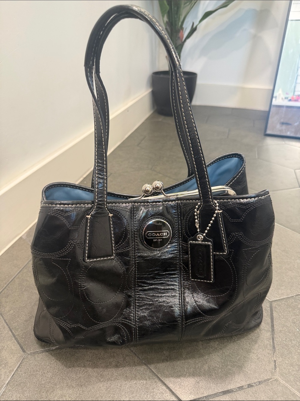 COACH Black Patent Leather Shoulder Bag with Blue Lining